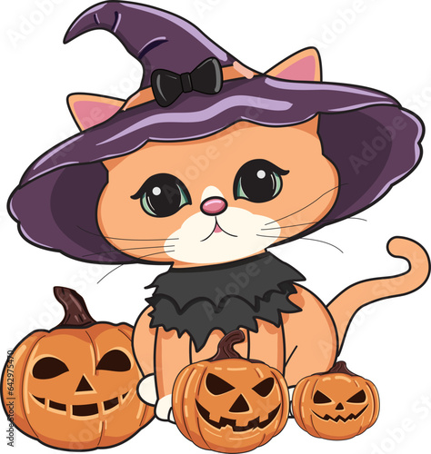 cute Halloween fat orange cat, pumpkin trick or treat vector illustration