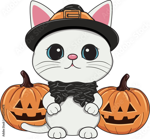 cute Halloween fat white cat, pumpkin trick or treat vector illustration