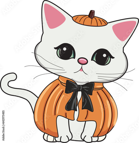 cute Halloween fat white cat, pumpkin trick or treat vector illustration