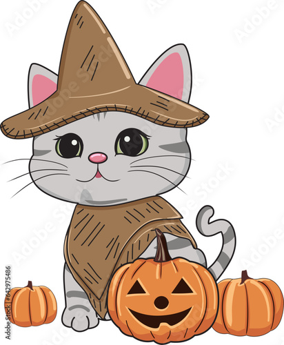 cute Halloween fat gray tabby cat, pumpkin trick or treat vector illustration