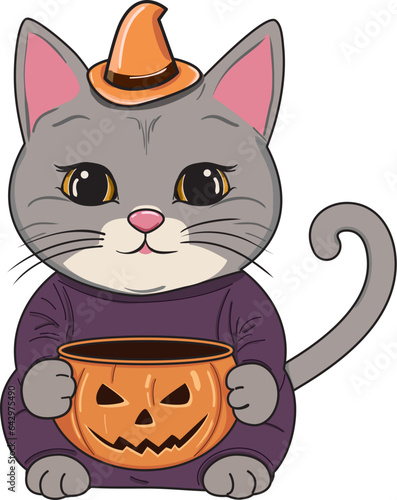 cute Halloween fat gray cat, pumpkin trick or treat vector illustration