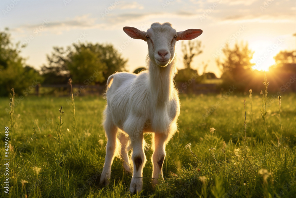 Fototapeta premium Animals landscape domestic green grass farming baby cute goat rural sun