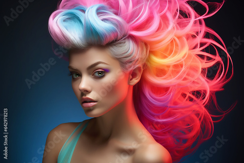 Portrait of a beautiful girl with rainbow neon hair style on black background. Generative AI © voisine574