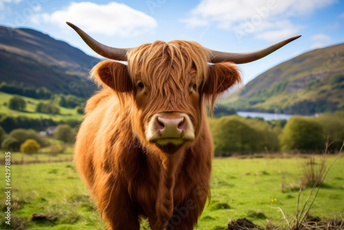 A highland cow scotland in a green field photo
