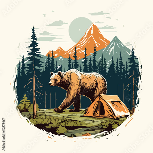 vintage retro big bear and camping tent in pine forest logo badge vector illustration