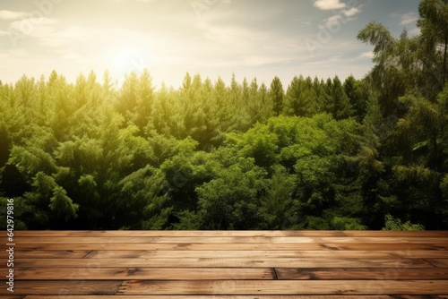 Wooden table background with landscape of forest. wooden, table, wood, forest, landscape, nature, tree, background, empty, light, sky, sun, summer, design, floor. Generative AI image weber.