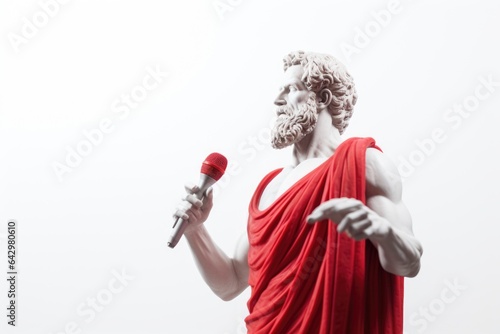 Concept of oratory. Demosthenes dressed in red with a red microphone on a white background.