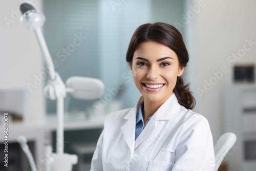 Portrait of a brunette dentist with a beautiful smile on the background of a modern dental office.