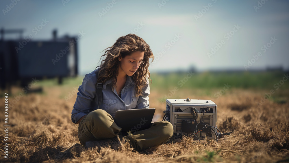 Female scientist with laptop in agricultural field, intensely studying data beside a soil monitoring device. Concept of on-site agricultural research, soil quality tracking, advanced farming. - obrazy, fototapety, plakaty 