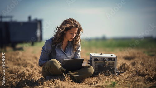 Female scientist with laptop in agricultural field, intensely studying data beside a soil monitoring device. Concept of on-site agricultural research, soil quality tracking, advanced farming. photo