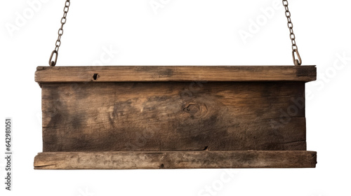 An old wooden sign with a place for text, hanging on chains. Isolated signboard.