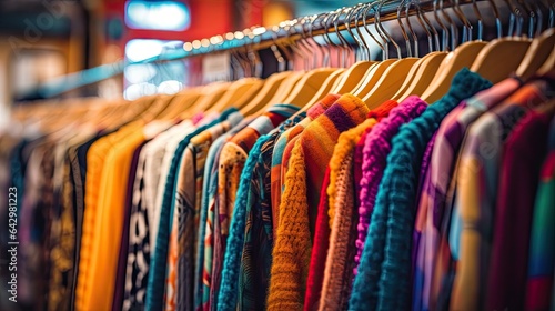 colorful sweaters hanging on a rack in a clothing store, with the text how to buy and sell clothes online
