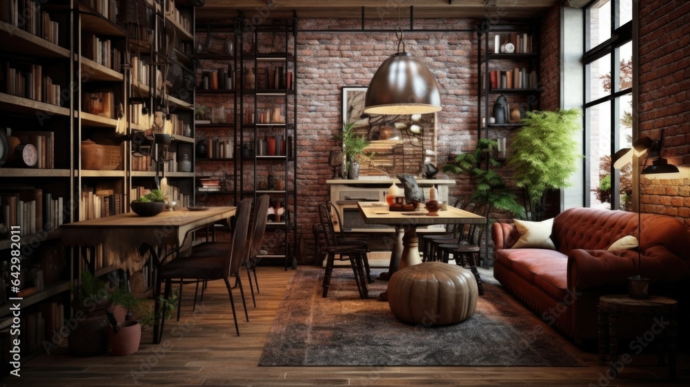 Interior design inspiration of Industrial Rustic style home dining room loveliness decorated with Brick and Leather material and Fireplace .Generative AI home interior design .