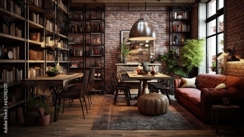 Interior design inspiration of Industrial Rustic style home dining room loveliness decorated with Brick and Leather material and Fireplace .Generative AI home interior design .