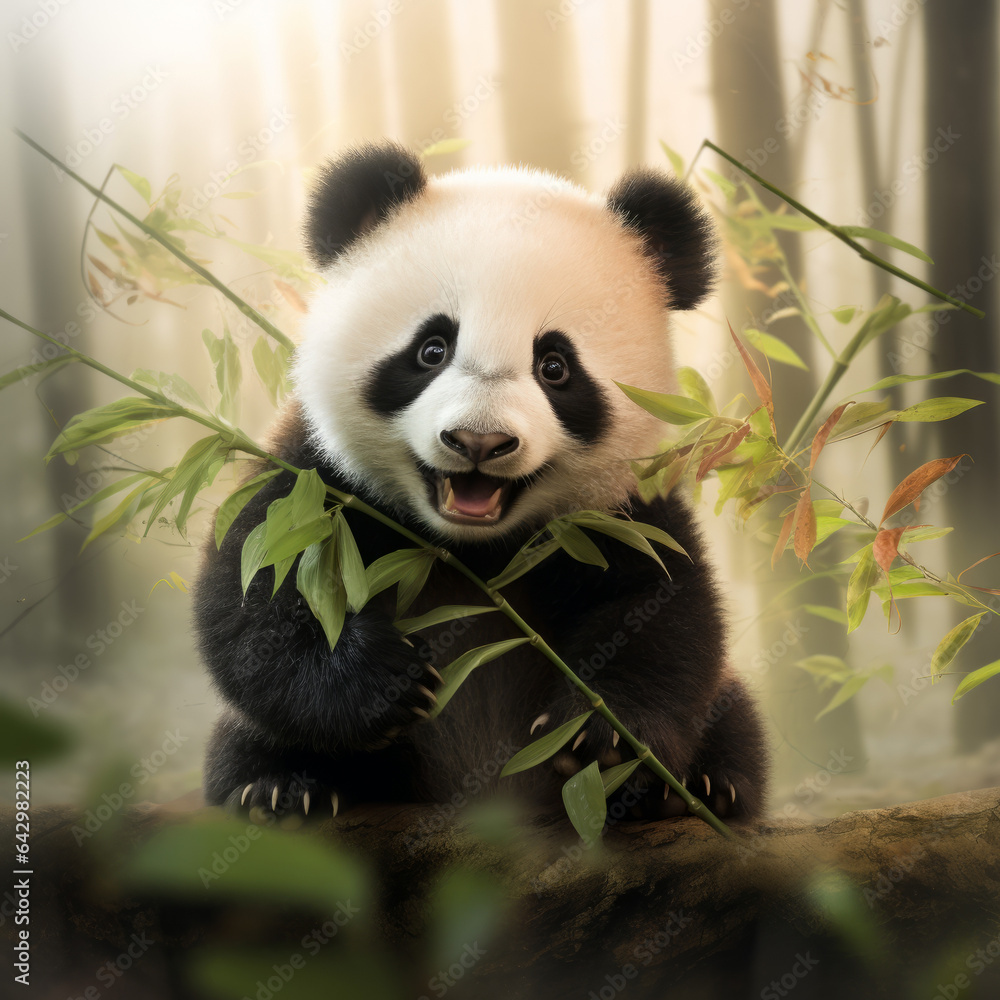 Fototapeta premium Cute baby panda eating bamboo