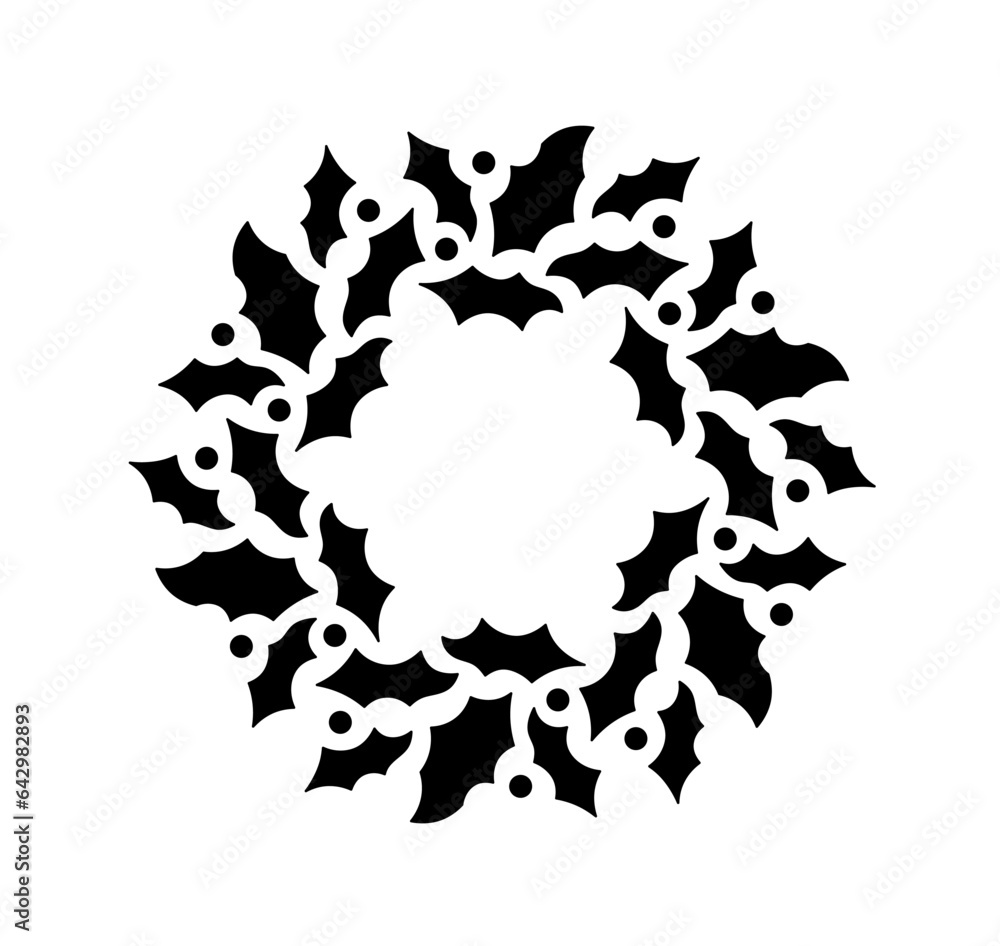 Vector isolated one single round Christmas wreath with leaves and berries colorless black and white outline silhouette shadow shape stencil solid black Vector isolated one single round Christmas wreath with leaves and berries colorless black and white outline silhouette shadow shape stencil solid black
