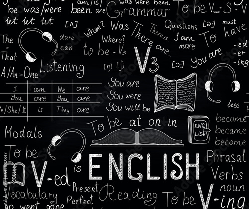 Educational vector seamless pattern about learning English language, chalk handwritings on a blackboard