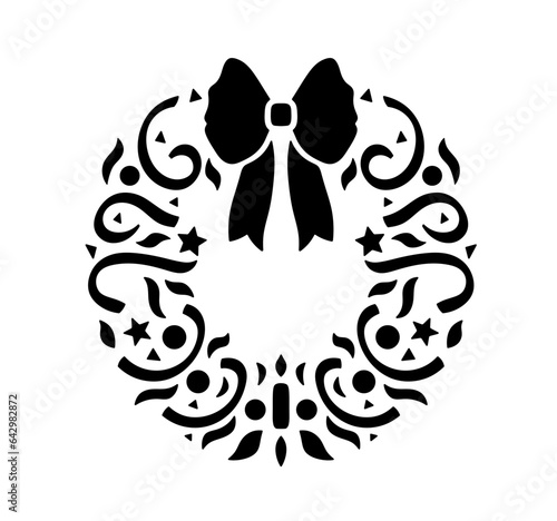 Vector isolated one single round Christmas wreath with bow ribbon and stars colorless black and white outline silhouette shadow shape stencil solid black