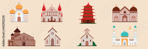 Church religious building set. Mosque, temple, synagogue, cathedral, orthodox, chapel, monastery. Hand drawn style vector illustration.
