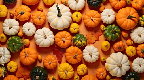 pumpkins and gourds in the shape of small white, orange and green leaves on an orange background