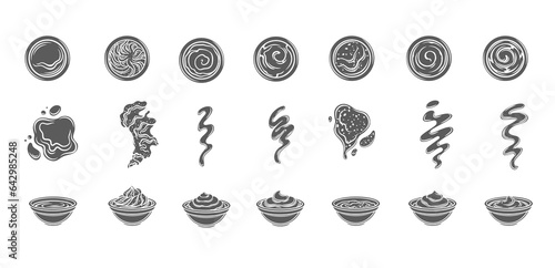 Sauces in bowls and splashes glyph icons set vector illustration. Stamp of BBQ, soy and spicy hot chili sauces in glass round cups, mustard and ketchup, mayonnaise and wasabi paste spilled stains