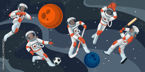 Astronauts play sports games in outer space vector illustration. Cartoon cosmonauts players flying and running with balls, sporty astronauts in spacesuits playing baseball basketball soccer football