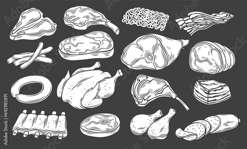 Meat glyph icons set. Stamps of butcher shop food collection with whole chicken and drumsticks, smoked sausages and prosciutto slices, raw beef and pork steaks, ground meat vector illustration.