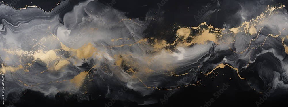 Abstract marble ink stained luxury background banner texture - Black and gray swirls painted with gold, paint splatter