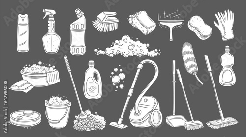 Cleaning tools and equipment glyph icons set vector illustration. White stamps of cleaning service collection isolated on black, housekeepers supplies to clean and disinfect house up to cleanliness