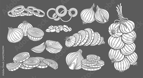 Onion glyph icons set vector illustration. White stamps of sweet shallot onion collection isolated on black, silhouettes of raw whole vegetable and cut into half and slices, circles and cubes