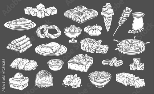 Turkish desserts and drinks glyph icons set vector illustration. White stamps of sweet pastry dishes of Turkey collection isolated on black, plates with pudding and Arabian candy, pastila and halva
