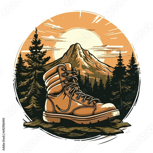 vintage retro hiking boots in pine forest mountain logo badge vector illustration