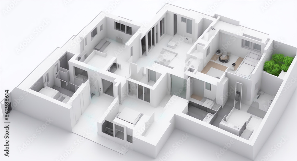 3D Model of a Building Blueprint. 3D print of a buildings interior layout. Generative AI. 3D Model of a Building Blueprint. 3D print of a buildings interior layout. Generative AI.