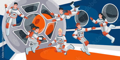 Astronauts flying in zero gravity in cockpit inside spaceship vector illustration. Cartoon astronauts in spacesuits fly in weightlessness in interior of starship, travel in space of spacecraft crew