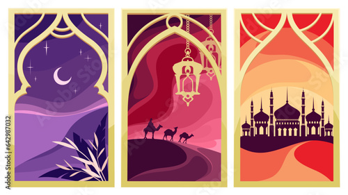 Oriental arch shape windows set vector illustration. Cartoon minimal Middle East landscapes inside gold windows, silhouettes of camels with bedouins and Arab architecture under crescent moon or sunset