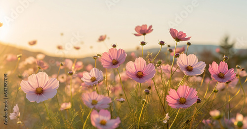 meadow blooming background sunset garden pink flower field beautiful violet nature. Generative AI. © VICHIZH