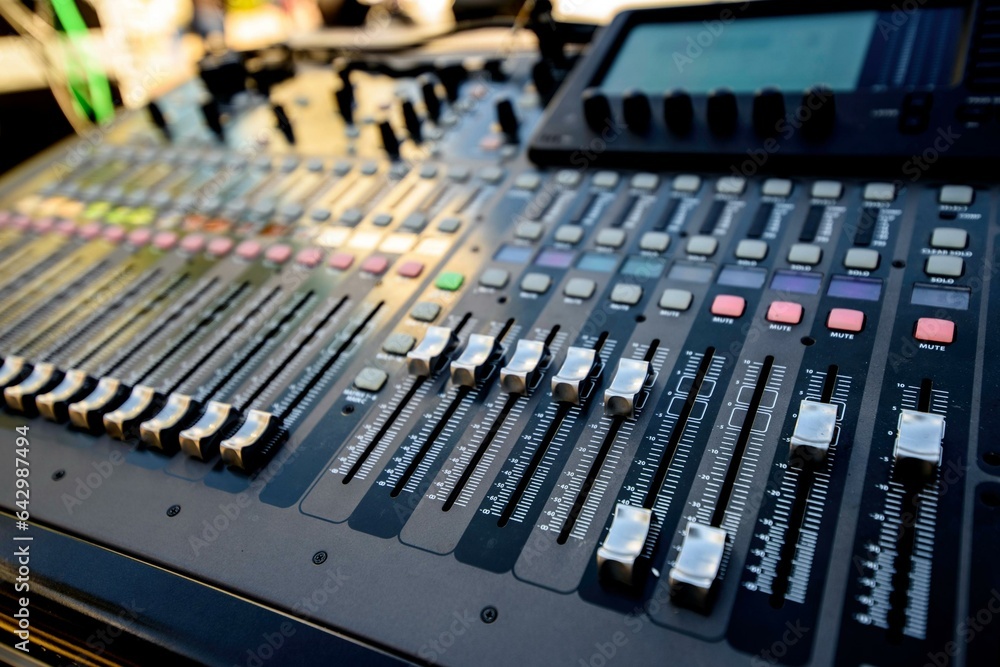 Sonic Mastery: 4K Close-Up of a Digital Live Mixing Sound Console