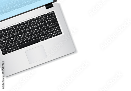 Laptop with blank screen isolated on white background. Realistic open laptop with white aluminium body. Modern glossy laptop. Vector illustration.