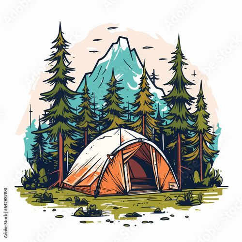 vintage retro big bear and camping tent in pine forest mountain logo badge vector illustration
