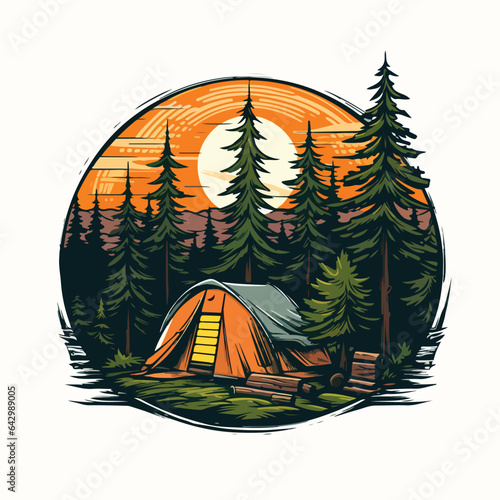 vintage retro big bear and camping tent in pine forest mountain logo badge vector illustration