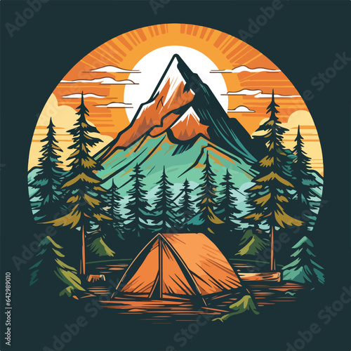 vintage retro big bear and camping tent in pine forest mountain logo badge vector illustration