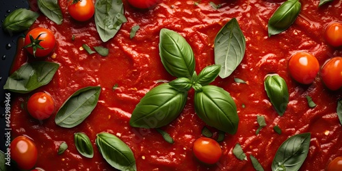 A tomato sauce with basil and cherry tomatoes in a skillet on a black background.