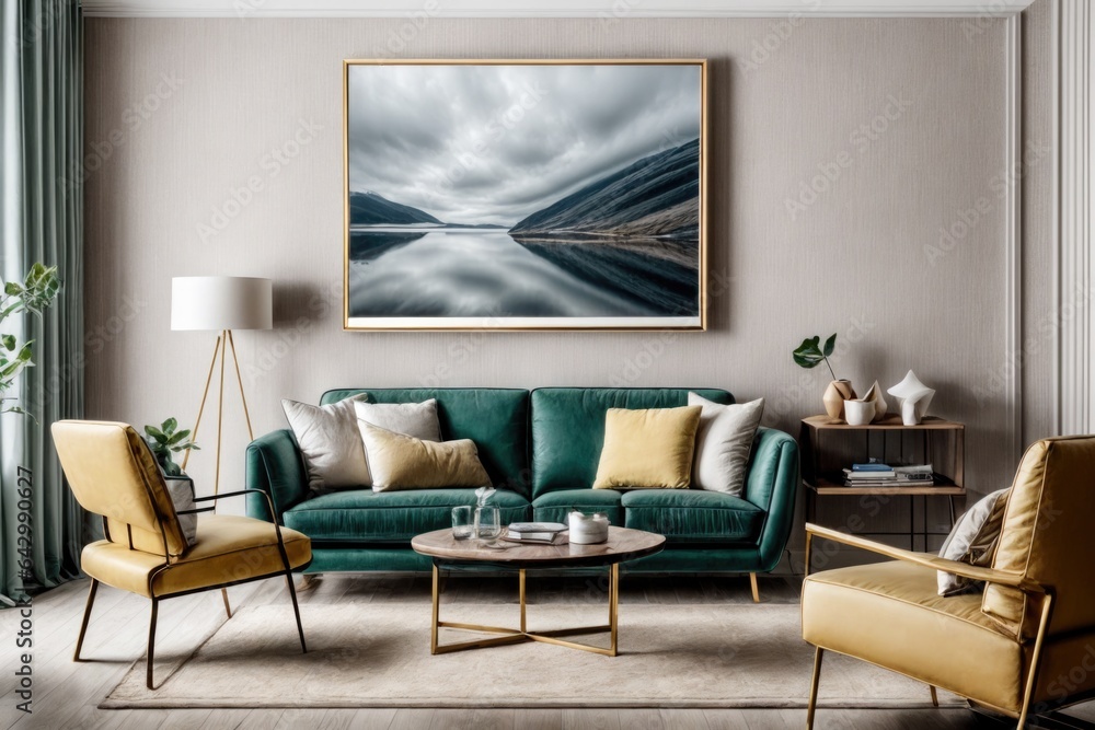 Interior mockup with picture frame on a Wall. Luxurious living room in with sofa and painting on a wall 3D render. Interior mockup with picture frame on a Wall. Luxurious living room in with sofa and painting on a wall 3D render.