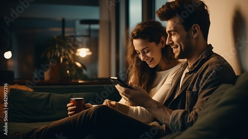 Couple Use Smartphone Device, while Sitting on a Couch in the Cozy Apartment. Boyfriend and Girlfriend Talk