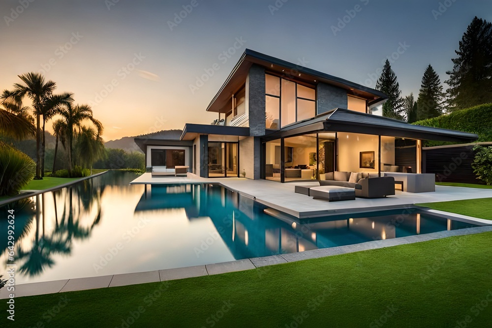 luxury villa with pool at sunset generated by AI