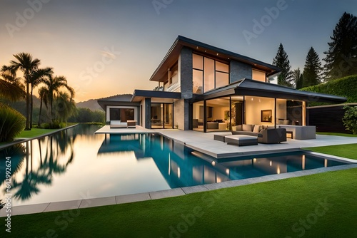 luxury villa with pool at sunset generated by AI © AB malik