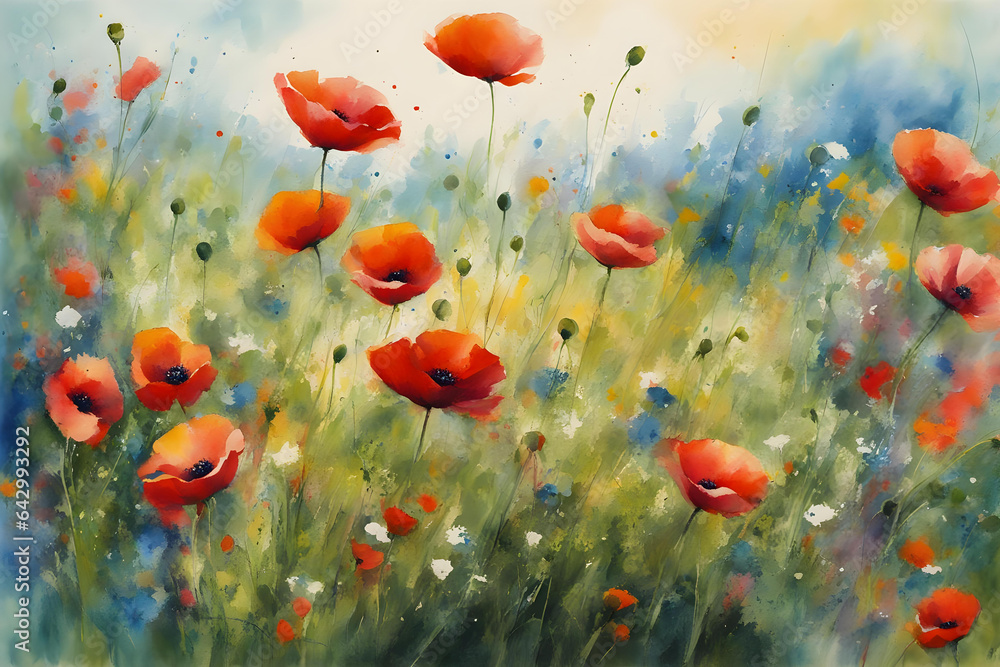 Obraz premium impressionist watercolor style painting of poppies and wildflowers in a summer meadow