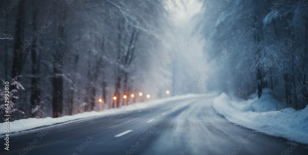Snowy winter road in the winter forest. dangerous driving condition - obrazy, fototapety, plakaty 