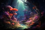 Abstract illustration of deep sea river and light decorated with diverse and beautiful flora