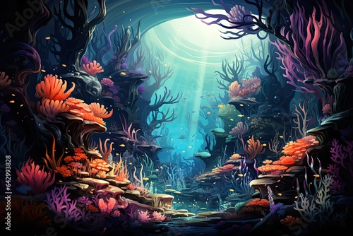 Abstract illustration of deep sea river and light decorated with diverse and beautiful flora